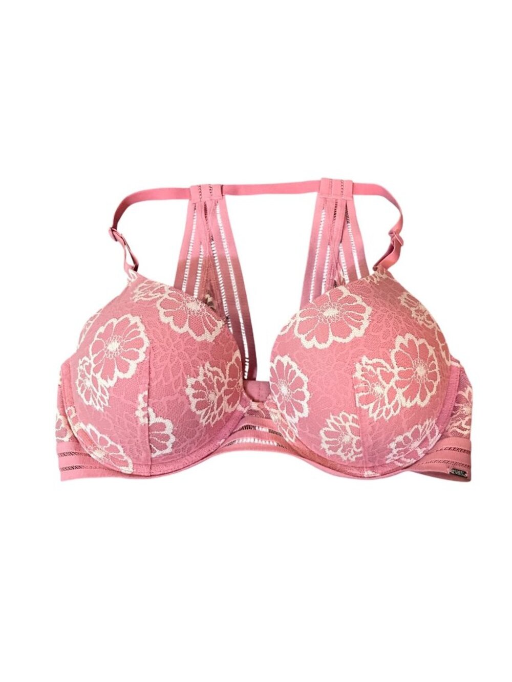 PINK Victoria's Secret Bra 34D Pink Floral Lace Lightly Lined USED
